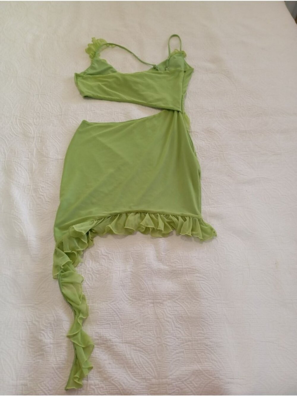 Oh Polly Cutout Dress Ruffled Asymmetric Mini Size US 6 UK 10 Green - Picture 14 of 15